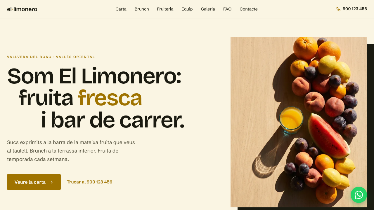 Portada: "Som El Limonero, fruita fresca i bar de carrer" amb fotografia de producte i CTA directes.