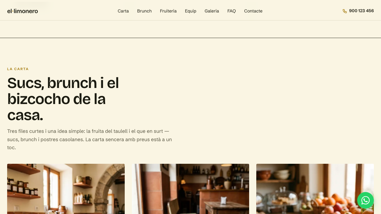 Carta: sucs exprimits amb la fruita del taulell, brunch i pastissos casolans; una idea per fila.
