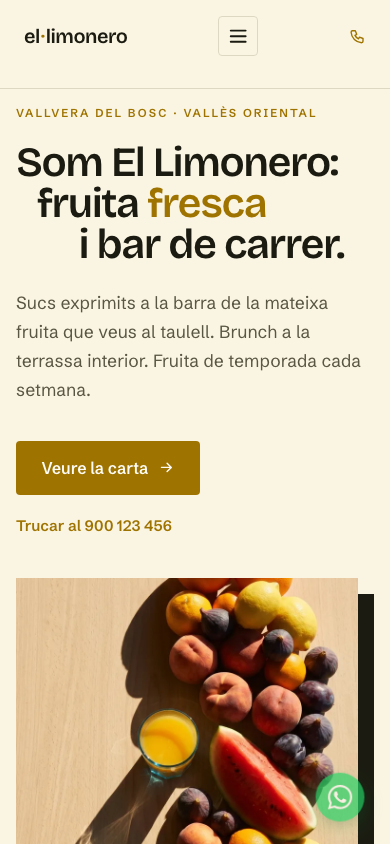 Vista mòbil: navegació clara per capítols, telèfon clicable i carta a un sol scroll.