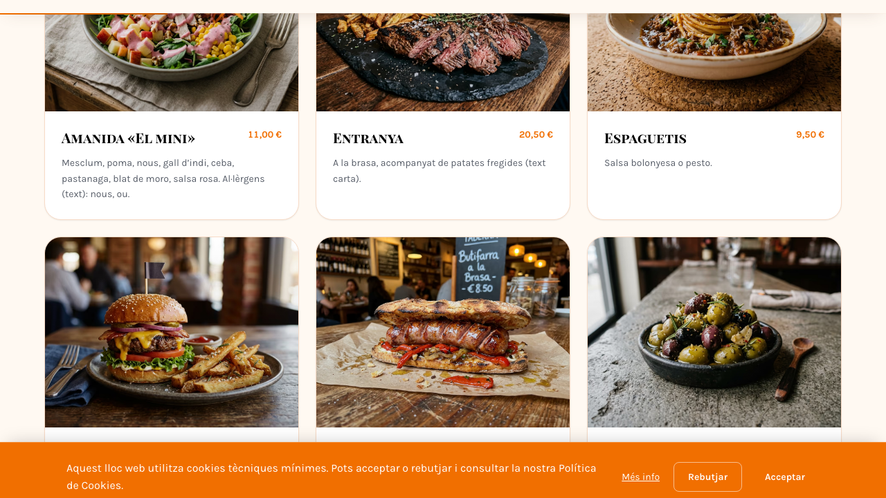 Carta: capítols tipogràfics (entrants, plats, postres, beguda) amb una idea per fila.